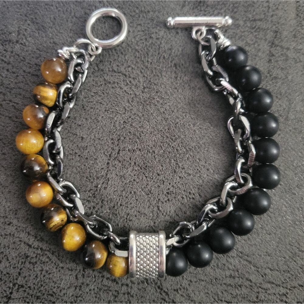 Tigers eye and onyx layered chain and gemstone beaded bracelet